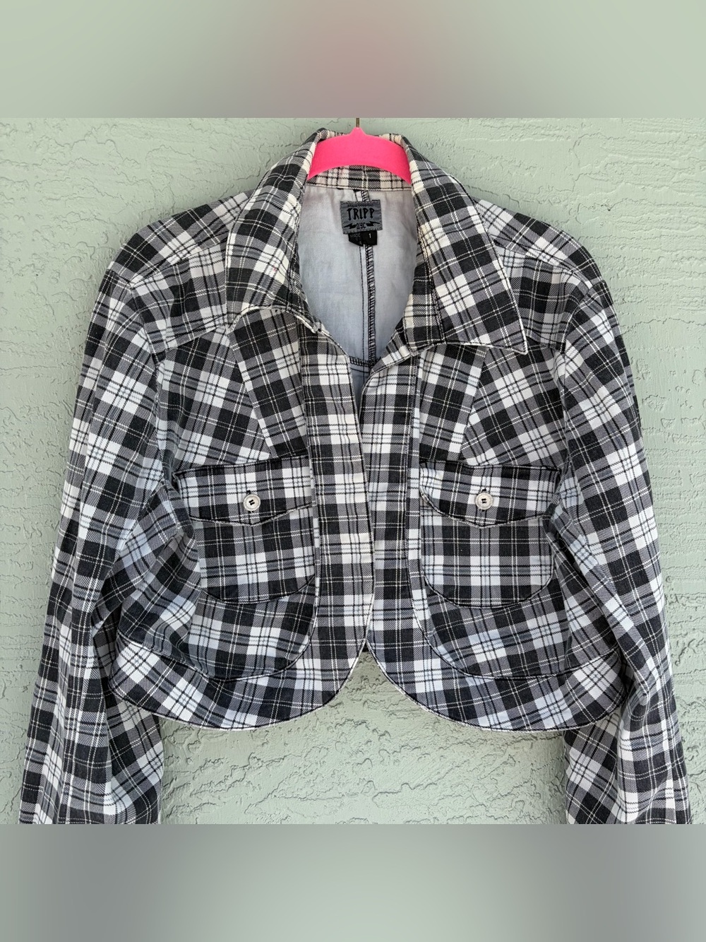 Tripp NYC Jacket Womens Size 1 Plaid Cropped Goth Punk Black White Gray